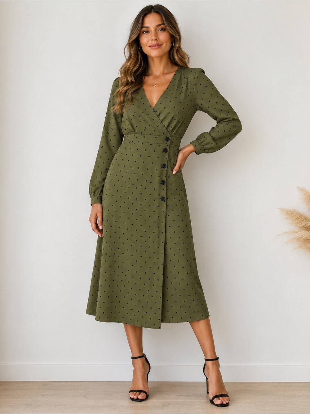 Olive Green Polka Dot Wrap Midi Long Sleeve VNeck Dress Modern Cottagecore